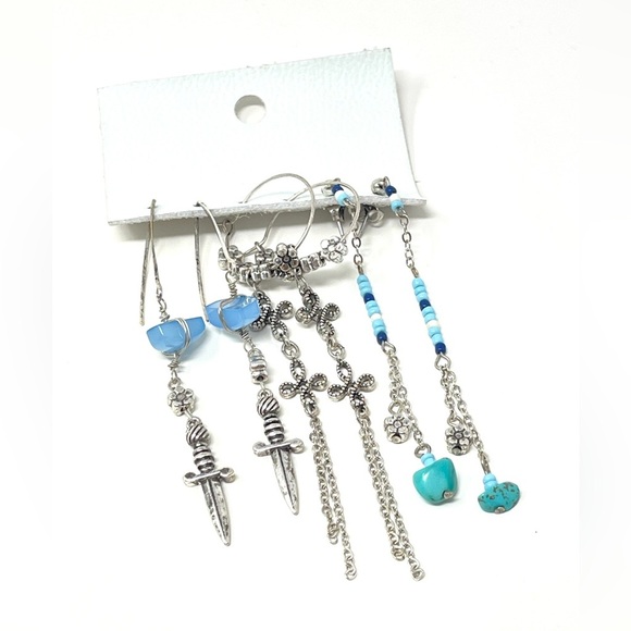 New Free Peoppe Sirens Earring Set Silver Turquoise - Picture 1 of 5